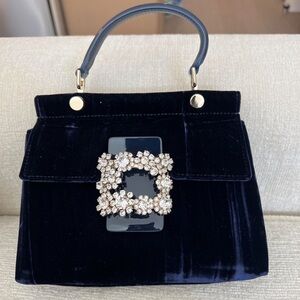 Roger Vivier Navy Velvet Handbag with Crystal Embellishment